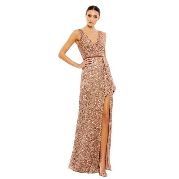 MAC DUGGAL Dress Size 4 Evening Gown Sequin NEW Copper V-Neck High Slit - Picture 1 of 8